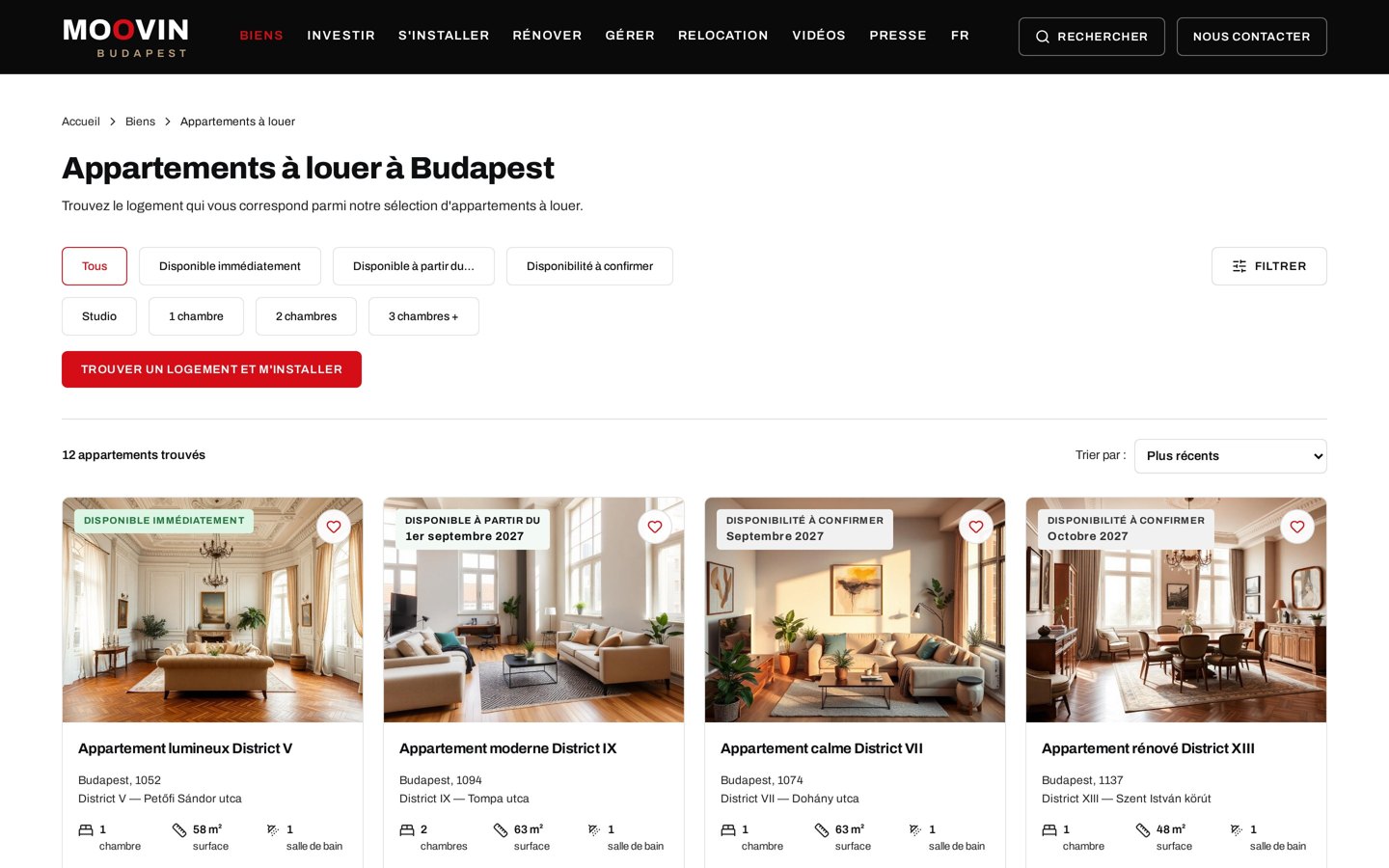 Aperçu de la page des appartements à louer de Moovin Budapest