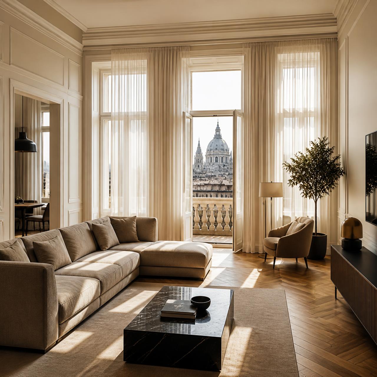 Séjour élégant d'un appartement ancien à Budapest avec grandes fenêtres