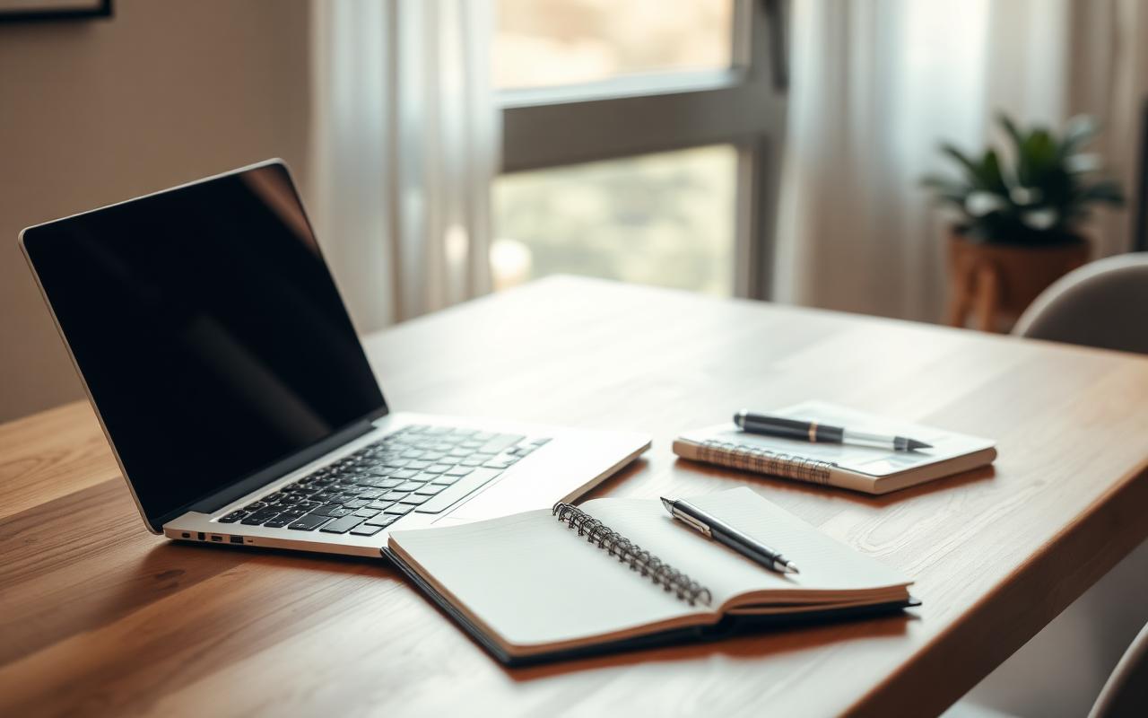 Bureau en bois avec un ordinateur portable et un carnet