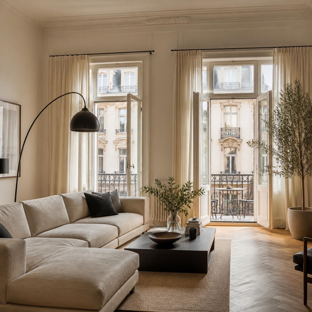 Salon lumineux d'un appartement ancien à Budapest ouvert sur un balcon